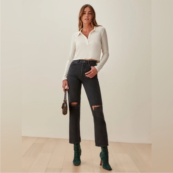 Reformation Cynthia High Rise Straight Jeans - Lagoon Destroyed Size 24 - Picture 1 of 10